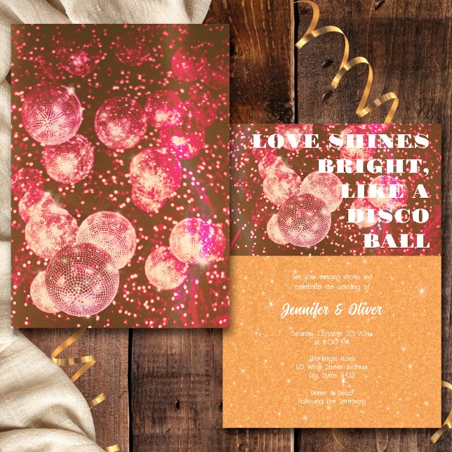 Invitation Mariage À Balle Disco Rétro Rose Chaud Et Orange (Front and Back)