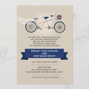 Invitation Mariage à bicyclette bleu foncé Faux Linen