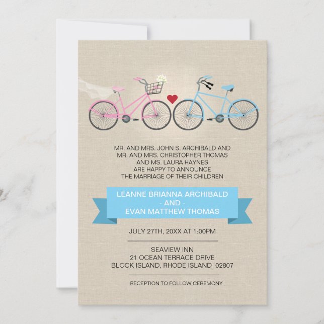 Invitation Mariage à bicyclette style lin (Devant)