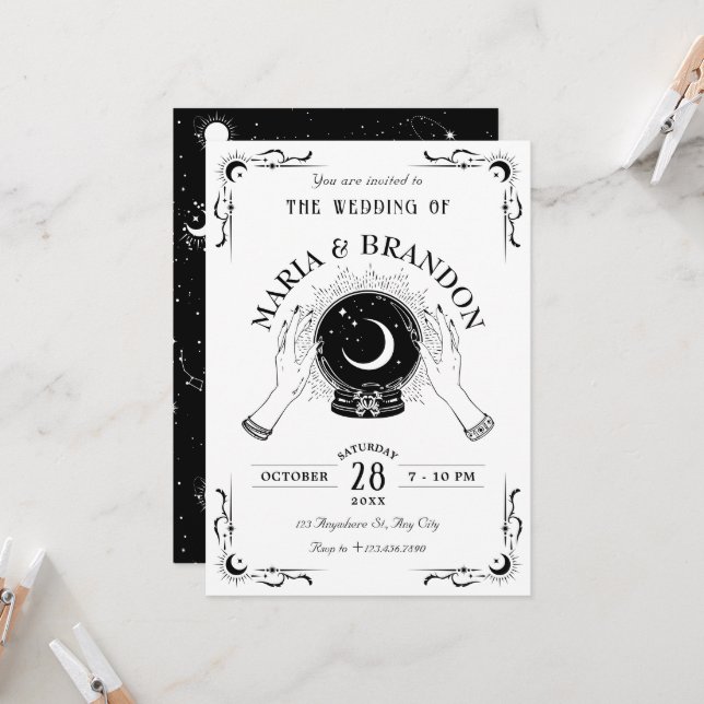 Invitation Mariage à bille en cristal de lune magique noir et (Devant/Arrière en situation)
