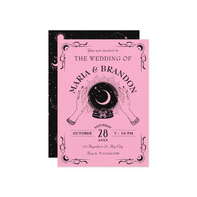 Invitation Mariage à bille en cristal de lune rose noire (Devant/Arrière en situation)