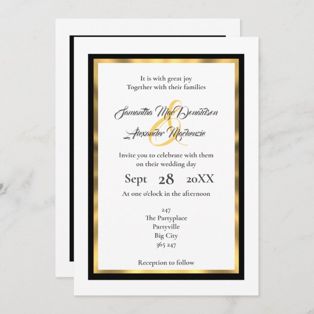 Invitation mariage à bordure simple en noir et or (Devant / Derrière)