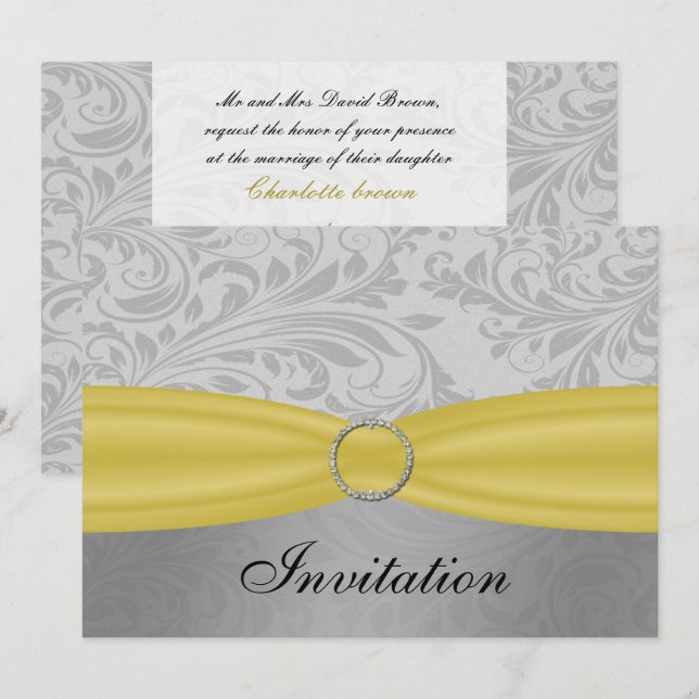 Invitation Mariage à boucle diamante jaune gris FAUX (Devant / Derrière)