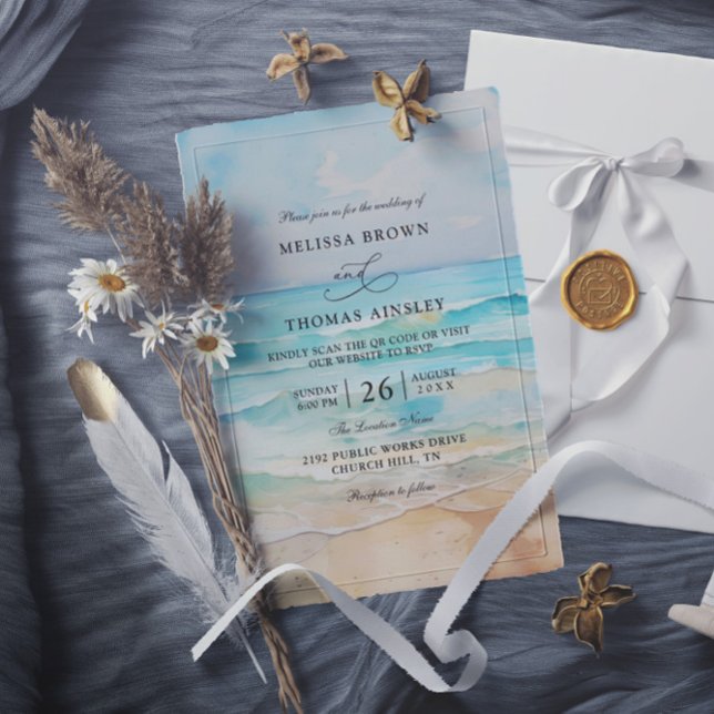 Invitation Mariage à budget avec code QR aquarelle sur la pla (Créateur téléchargé)