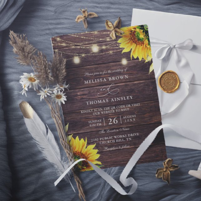 Invitation Mariage à budget avec code QR en bois de tournesol (Créateur téléchargé)