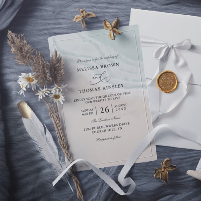 Invitation Mariage à budget code QR avec vagues de l'océan à  (Créateur téléchargé)