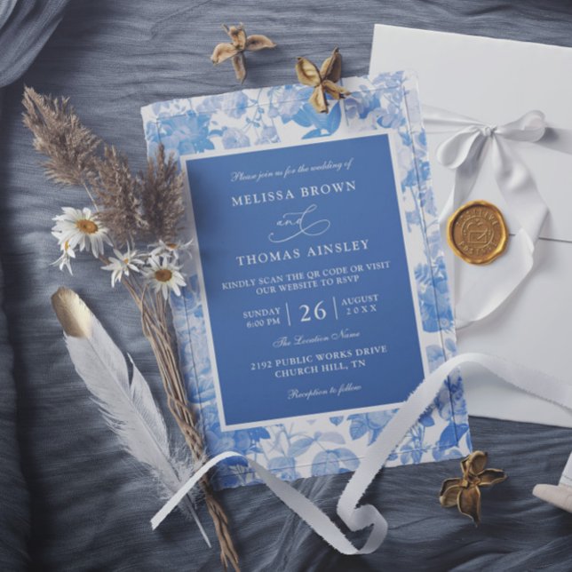Invitation Mariage à budget code QR botanique aquarelle bleue (Créateur téléchargé)