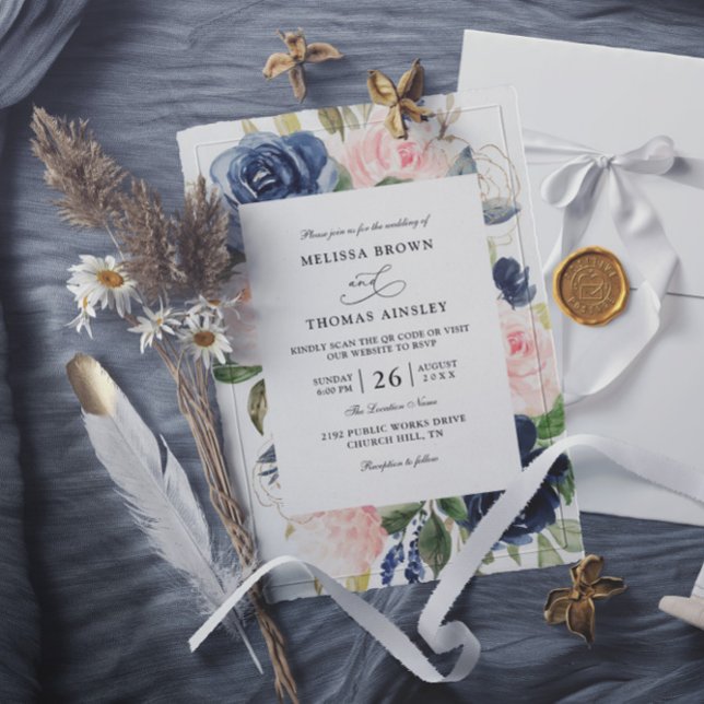 Invitation Mariage à budget code QR floral poussiéreux bleu m (Créateur téléchargé)