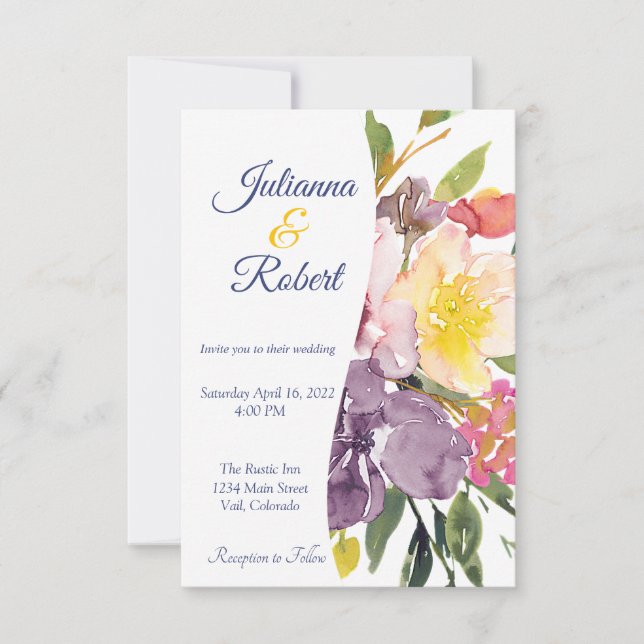 Invitation Mariage à budget fleuri jaune et violet (Devant)