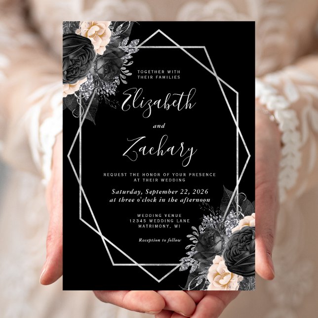 Invitation Mariage à Cadre Argenté Fleur Noir Pêche (Créateur téléchargé)