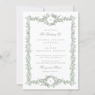 Invitation mariage à cadre botanique vert sauge double monogr