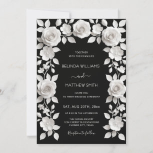 Invitation Mariage à Cadre de Roses en Relief Faux Noir et Bl