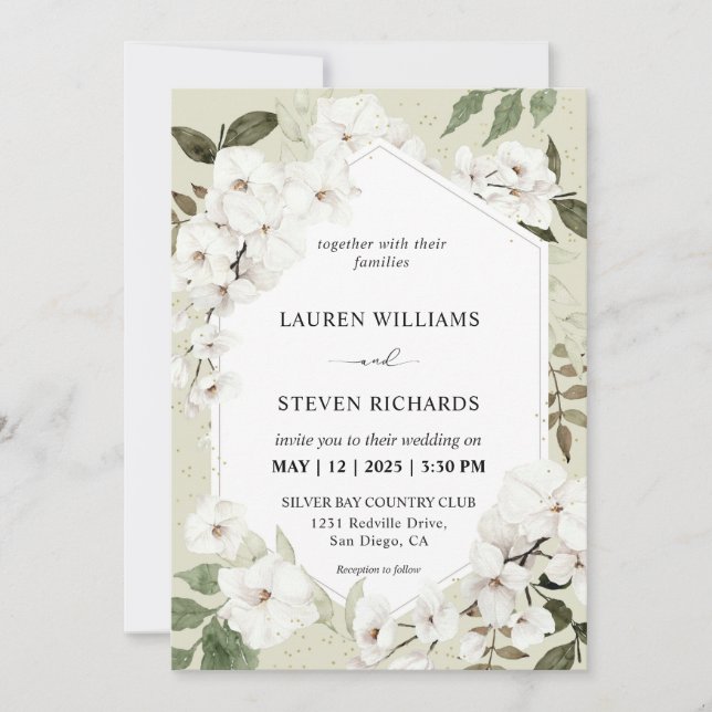 Invitation Mariage à cadre d'orchidée blanc beige (Devant)