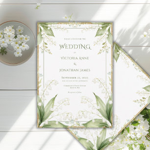 Invitation Mariage à cadre doré et aquarelle florale blanche