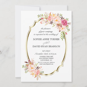Invitation Mariage à cadre doré floral rose charme