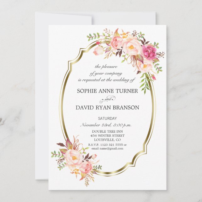 Invitation Mariage à cadre doré floral rose charme (Devant)