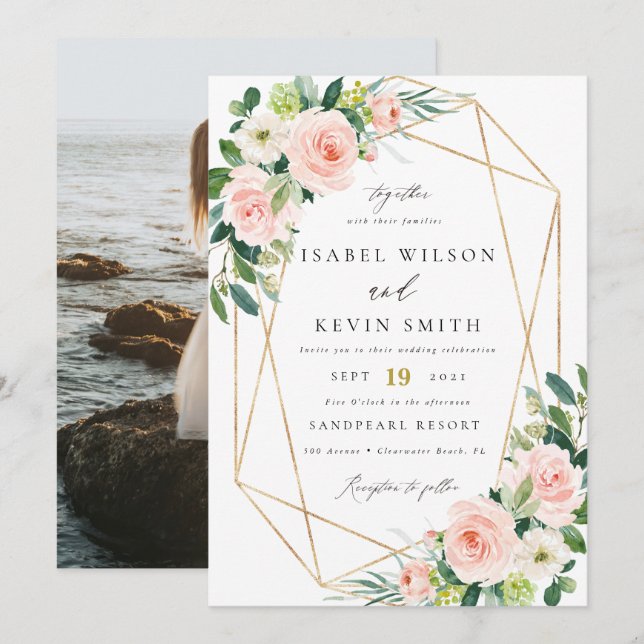 Invitation mariage à cadre floral brodé géométrique (Devant / Derrière)