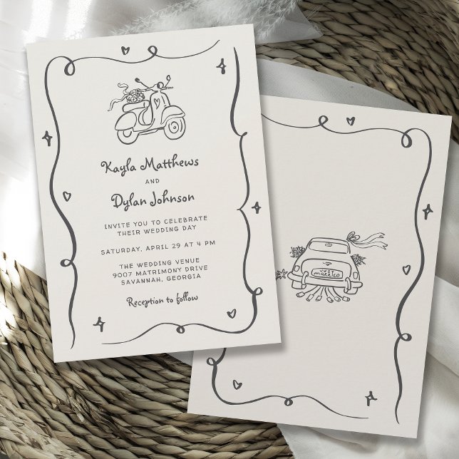 Invitation Mariage à cadre ondulé dessiné à la main de façon  (Available in both printed and instant download digital formats.)
