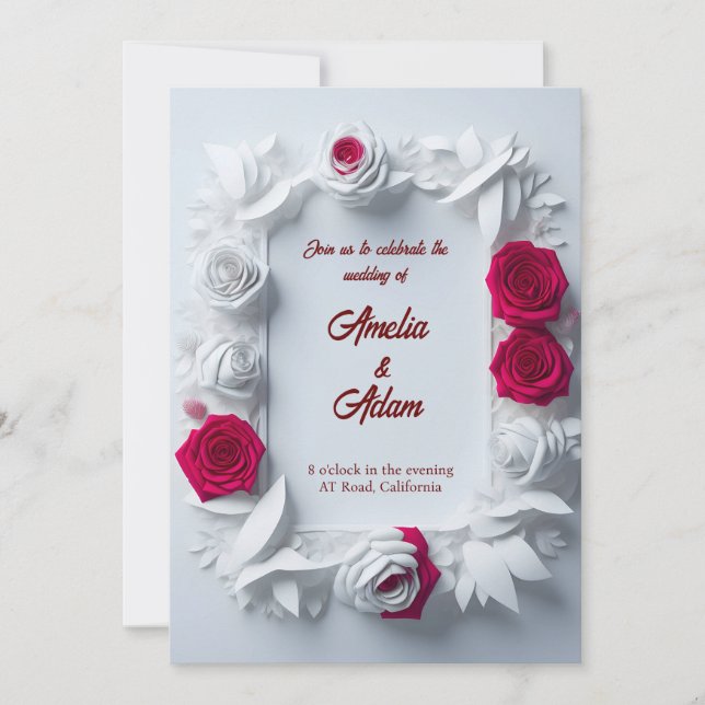 Invitation Mariage à cadre rose rouge et blanc fleurissant (Devant)