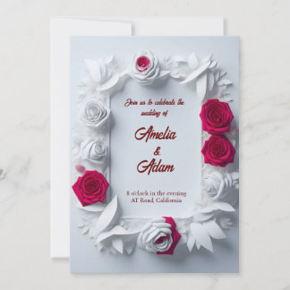 Invitation Mariage à cadre rose rouge et blanc fleurissant