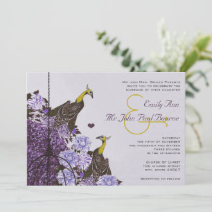 Invitation Mariage à cage à oiseaux vintage paon violet et ja
