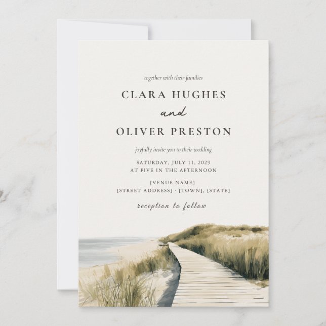 Invitation Mariage à Cape Cod avec sable ivoire chaud océan é (Devant)