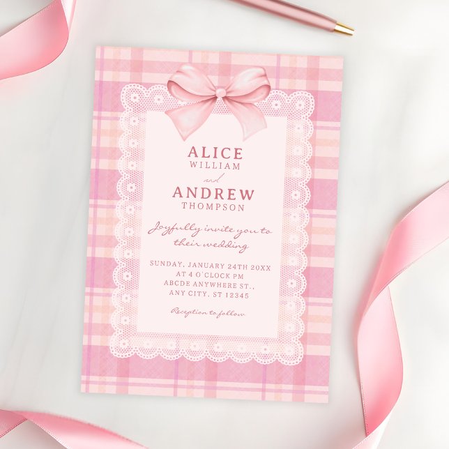 Invitation Mariage à carreaux avec ruban rose (Créateur téléchargé)