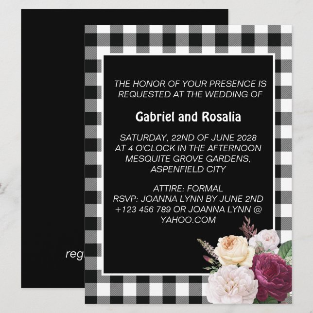 Invitation Mariage à carreaux bisons noir et blanc rustique  (Devant / Derrière)