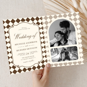 Invitation Mariage à carreaux brun ivoire à l'ancienne