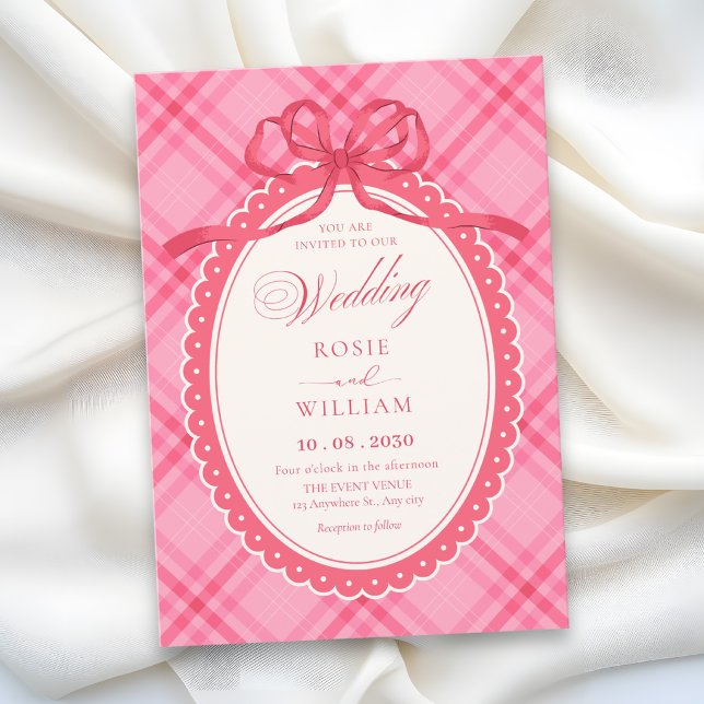 Invitation Mariage à carreaux gingham ruban rose (Créateur téléchargé)