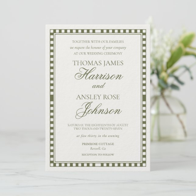 Invitation Mariage à carreaux Harlequin vert olive (Debout devant)
