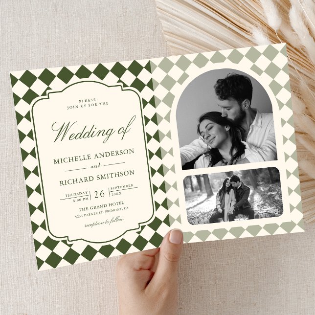 Invitation Mariage à carreaux vert olive ivoire à l'ancienne (Créateur téléchargé)