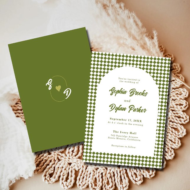 Invitation Mariage à carreaux vert olive moderne à l'ancienne (Créateur téléchargé)