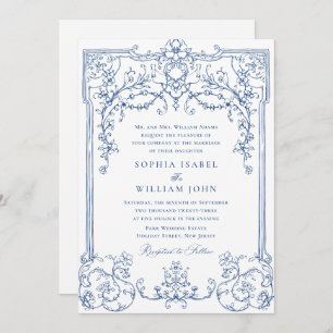 Invitation Mariage à charpente florale Bleu Victorien Orné Gr