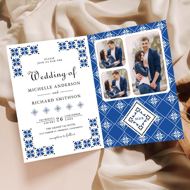 Invitation Mariage à code QR de broderie ukrainienne bleu noi (Créateur téléchargé)