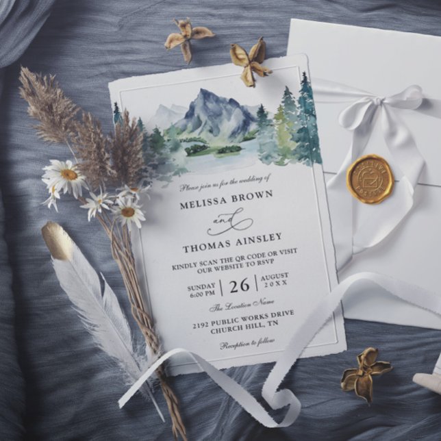 Invitation Mariage à Code QR de Budget Rustique à l'Aquarelle (Créateur téléchargé)