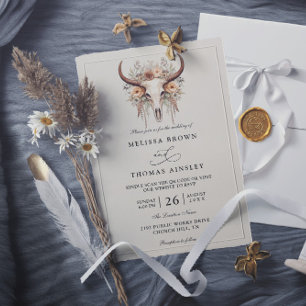 Invitation Mariage à code QR de crâne de vache florale bohème