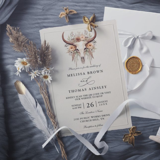 Invitation Mariage à code QR de crâne de vache florale bohème (Créateur téléchargé)
