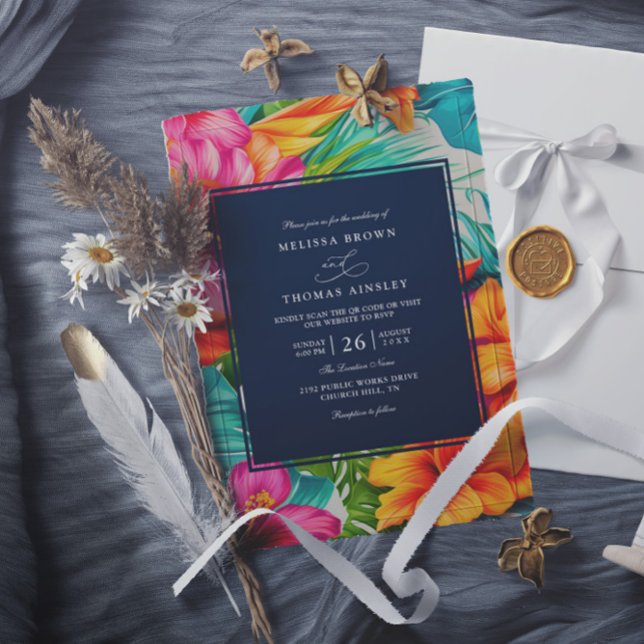 Invitation Mariage à code QR de plage d'hibiscus floral tropi (Créateur téléchargé)