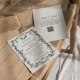 Invitation Mariage à code QR en monogramme floral noir et bla