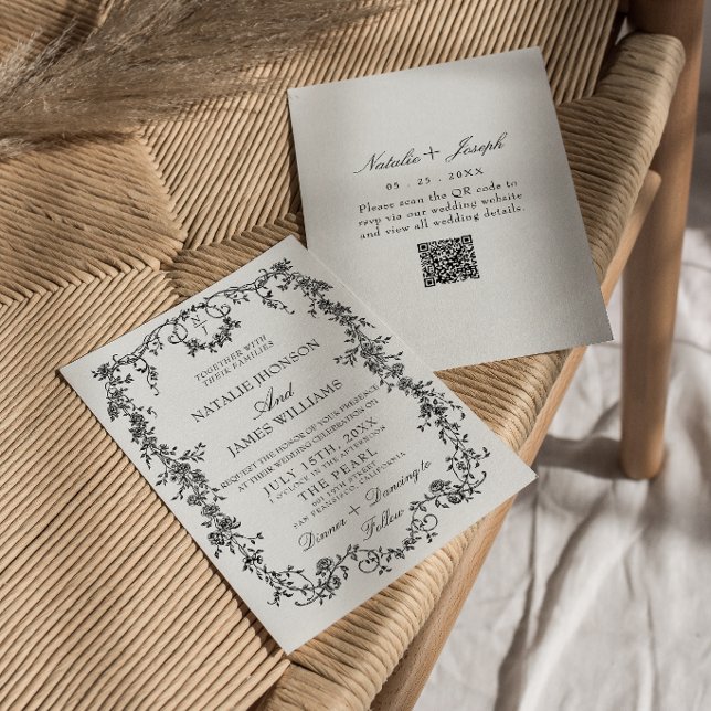 Invitation Mariage à code QR en monogramme floral noir et bla (Créateur téléchargé)