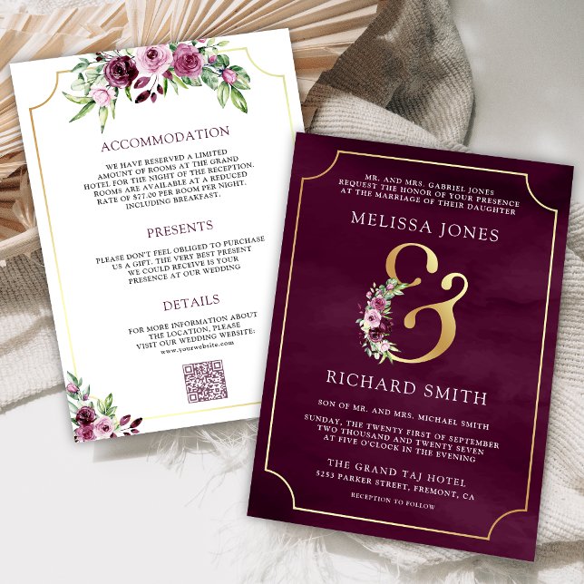 Invitation Mariage à code QR esperluette florale prune rose (Créateur téléchargé)