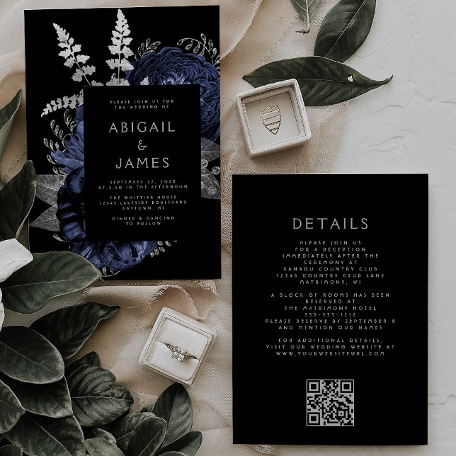 Invitation Mariage à code QR Floral foncé Bleu marine Argent (Créateur téléchargé)