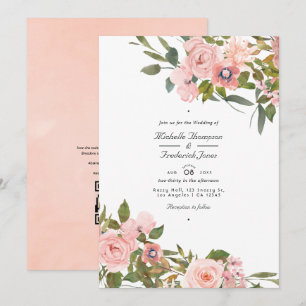 Invitation Mariage à code QR floral rose et or rose