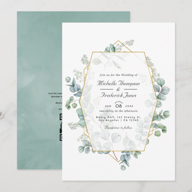 Invitation Mariage à code QR géométrique eucalyptus aquarelle (Devant / Derrière)