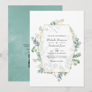 Invitation Mariage à code QR géométrique eucalyptus aquarelle