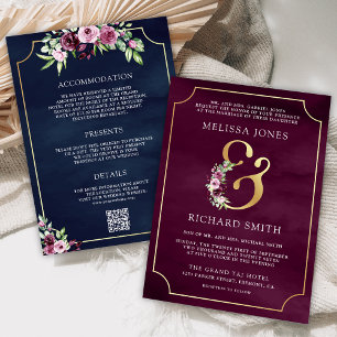 Invitation Mariage à code QR marine et ampersand floral prune