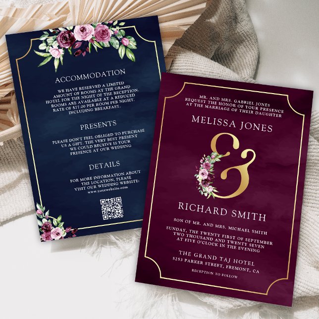 Invitation Mariage à code QR marine et ampersand floral prune (Créateur téléchargé)