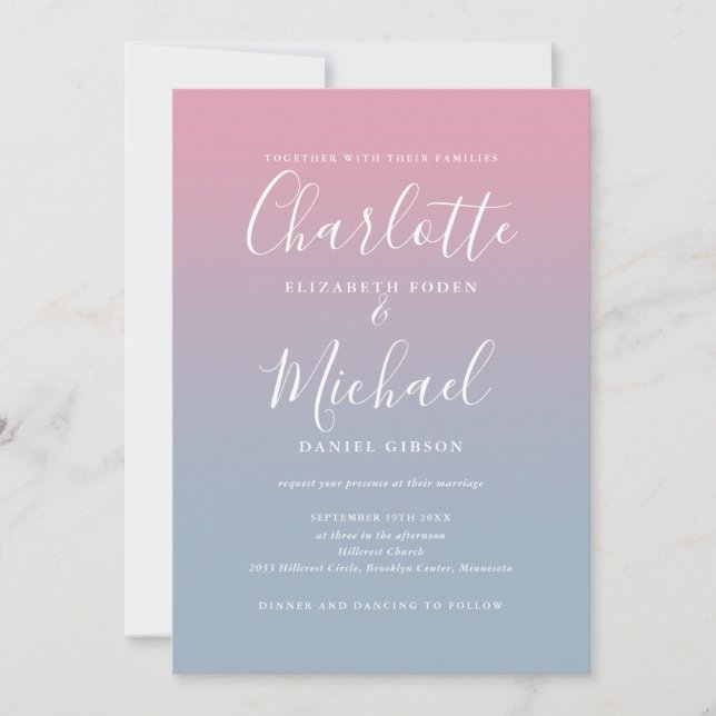 Invitation Mariage à code QR ombré rose et bleu poussiéreux (Devant)