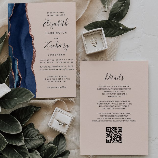 Invitation Mariage à code QR Rose Gold et Agate Bleu Marine (Créateur téléchargé)